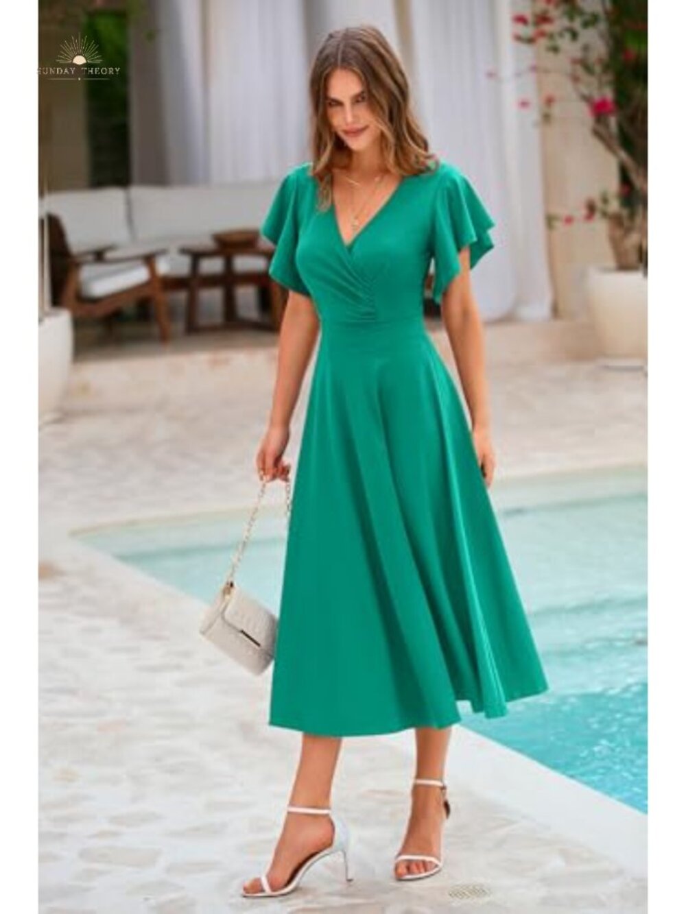 PRETTYGARDEN Wrap V Neck Midi Dress Flowy A-Line Cocktail - Picture 4 of 6